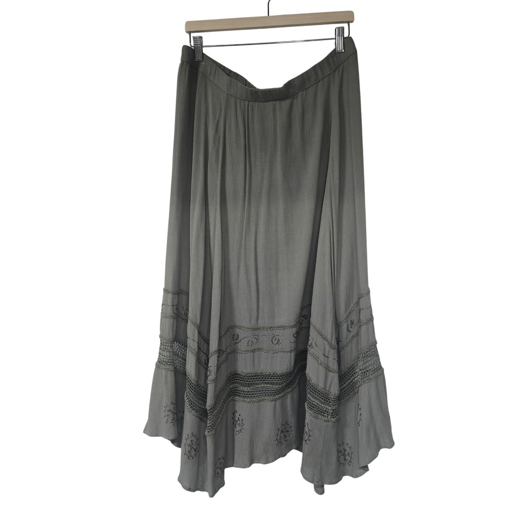 Chico's Embroidered Maxi Skirt Womens 2/L‎ Sage Green Rayon Boho